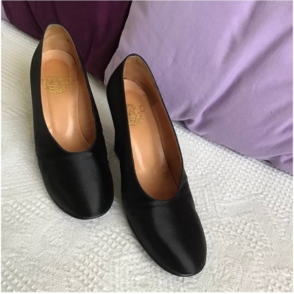 Shoes Womens 3.5 Black Heels Satin Espace 36 1/2 5 1/2 6 Hostess Leather Soles - Picture 2 of 7